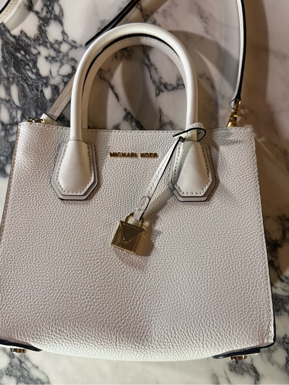 Michael Kors Mercer Medium Pebbled Leather Crossbody Bag White Gold NWOT